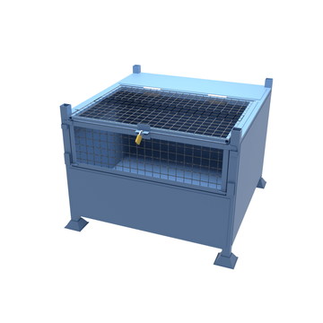 Drawing of a large lockable site stillage with half drop front section, and mesh inserts